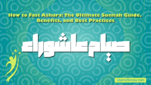 An Islamic educational graphic featuring a teal background patterned with circular shapes and fine green curved lines. The English header at the top reads "How to Fast Ashura: The Ultimate Sunnah Guide, Benefits, and Best Practices" in a bold yellow-green font. Centered below it is large, white, geometric Arabic text that reads "صيام عاشوراء" (Fasting Ashura). The bottom left corner displays a light green abstract human figure icon with stars, and the bottom right corner features a yellow rectangle containing the URL "islamicforyou.com".