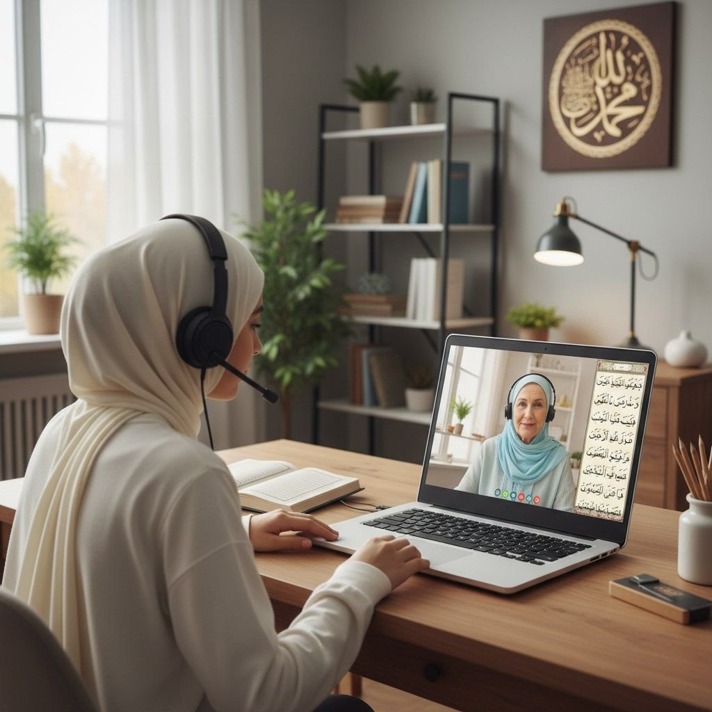 A young Muslim woman wearing a white hijab and black headphones, seen from behind as she sits at a wooden desk attending an online Quran class on her laptop. On the screen, a female teacher wearing a light blue hijab and headset is visible alongside Arabic Quranic text. The room features a natural, cozy aesthetic with a bookshelf, potted plants, a desk lamp, and a wall frame displaying Islamic calligraphy.