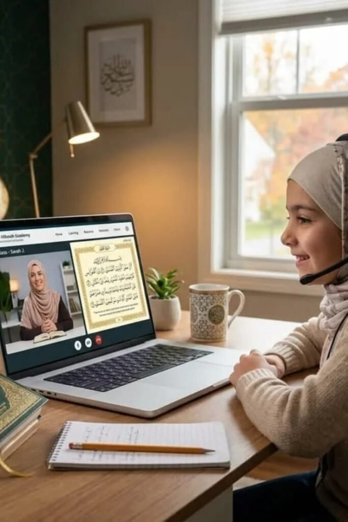 A young Muslim girl wearing a beige hijab and a headset sitting at a desk, smiling at a laptop screen during her online Quran lesson. The screen displays a female tutor on a video call alongside a page of the Quran. On the desk lie a notebook with a pencil, a physical Quran book, a mug, and a small potted plant in front of a brightly lit window.   